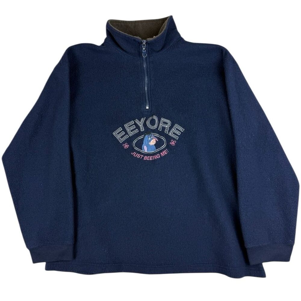 Vintage Disney Eeyore 90s Fleece 1/4 Zip Pullover Sweatshirt L Blue Embroidered